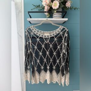 Ember Black & Cream Lace Embroidered Sheer Top | Size M
